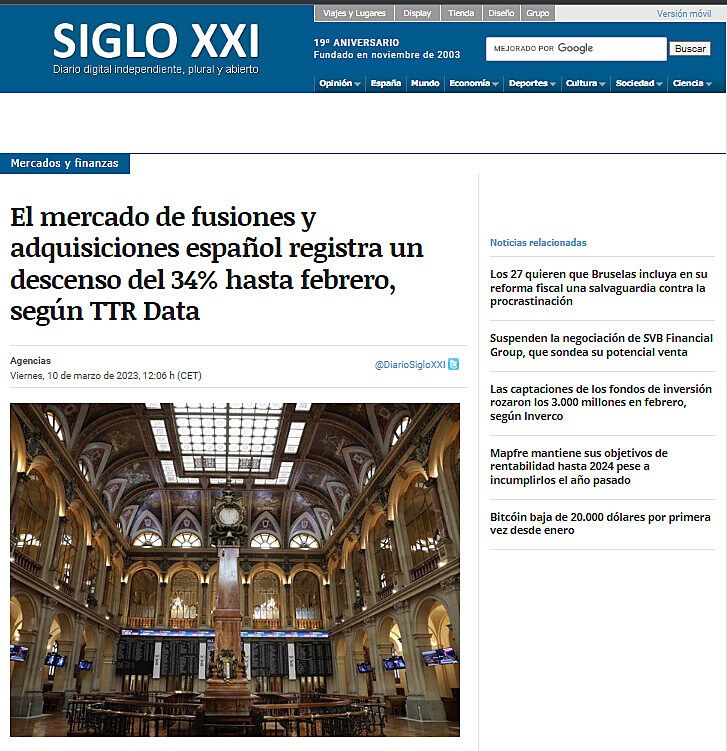 El mercado de fusiones y adquisiciones espaol registra un descenso del 34% hasta febrero, segn TTR Data